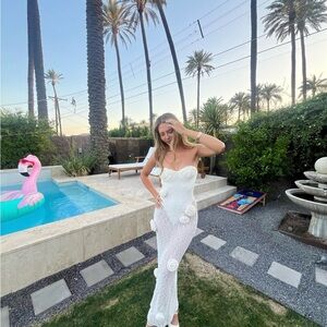 Strapless Boucle Cream Dress with Woven Florals